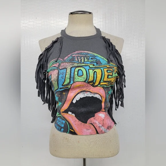 Rolling Stone Fringe Halter Top Upcycled Retro Band Merc - Picture 1 of 7